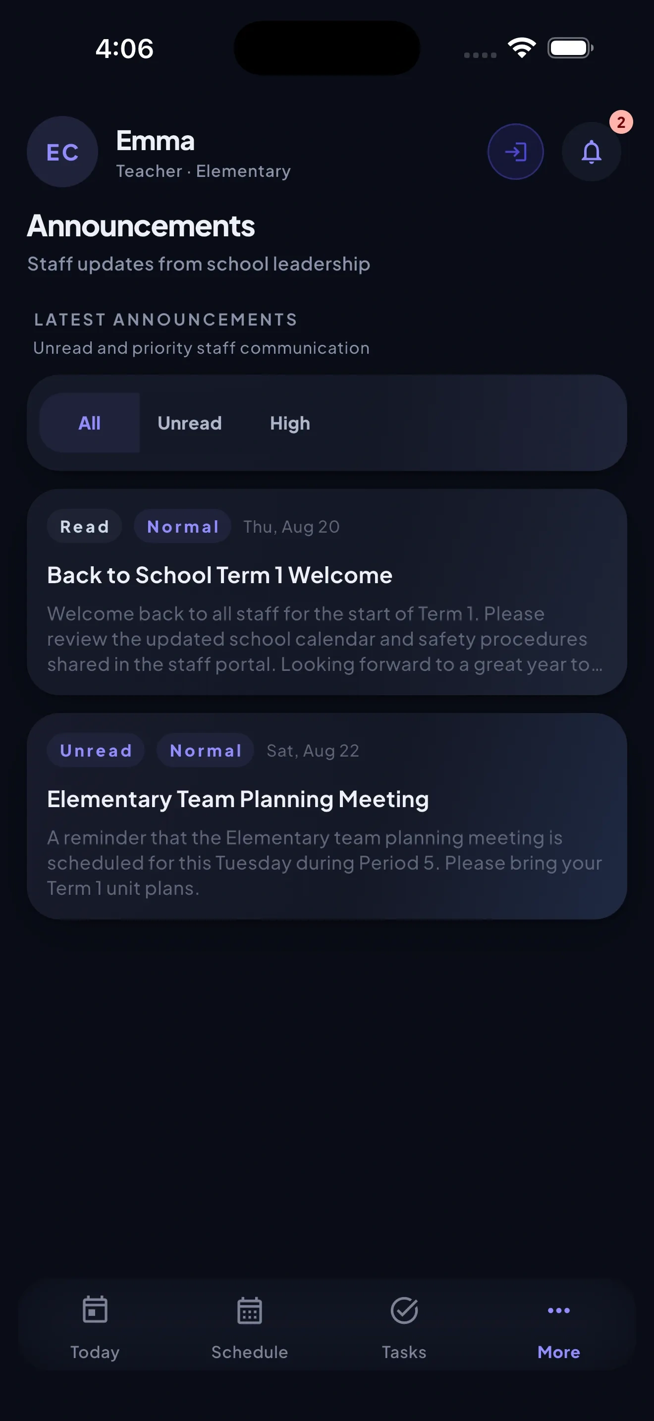 StaffHub mobile Announcements screen