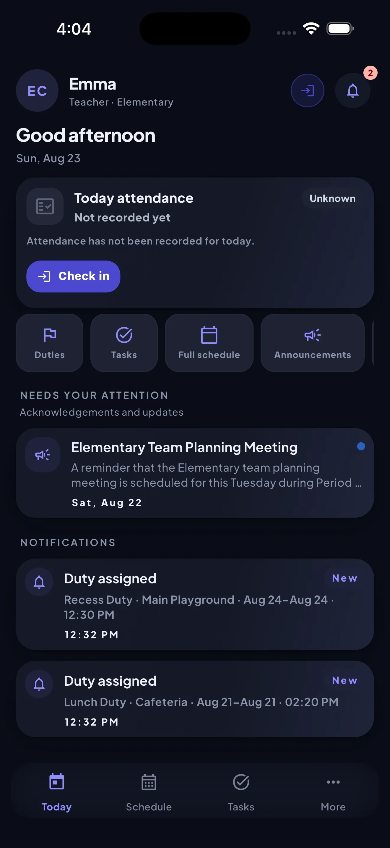StaffHub mobile Check-in screen