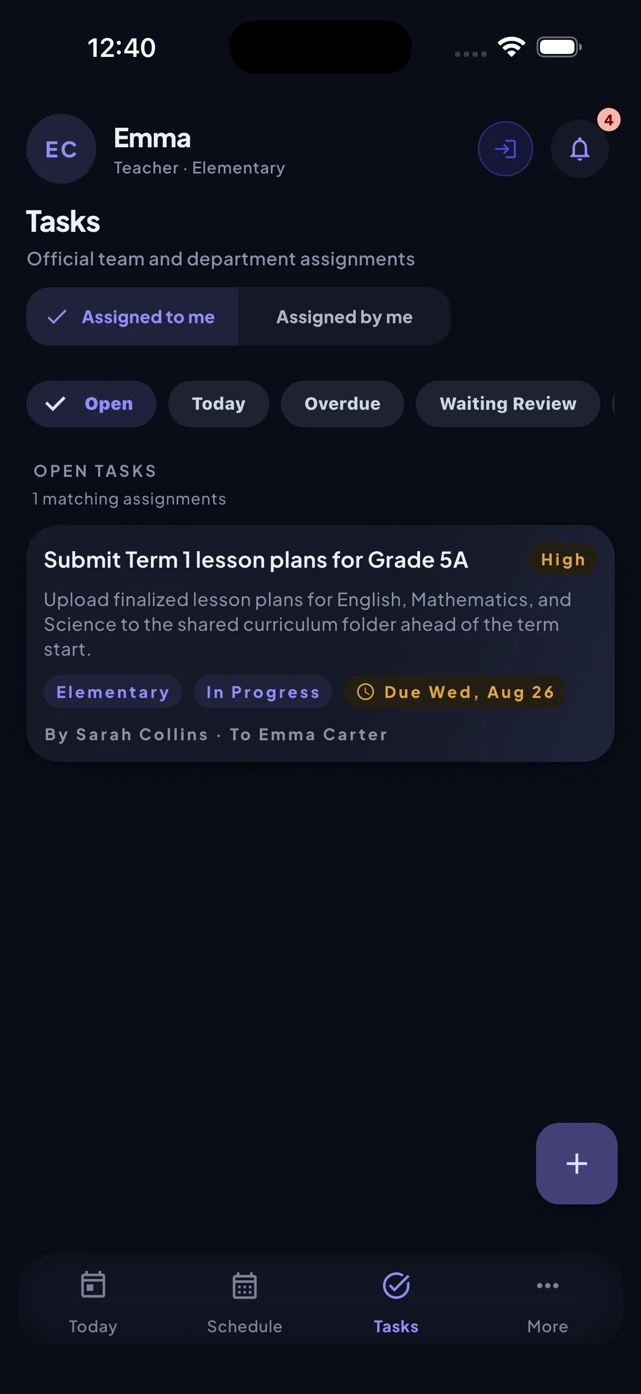 StaffHub mobile Tasks screen