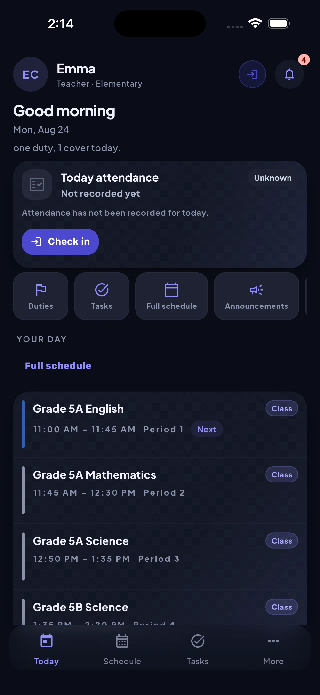 StaffHub mobile app showing a staff member's Today view