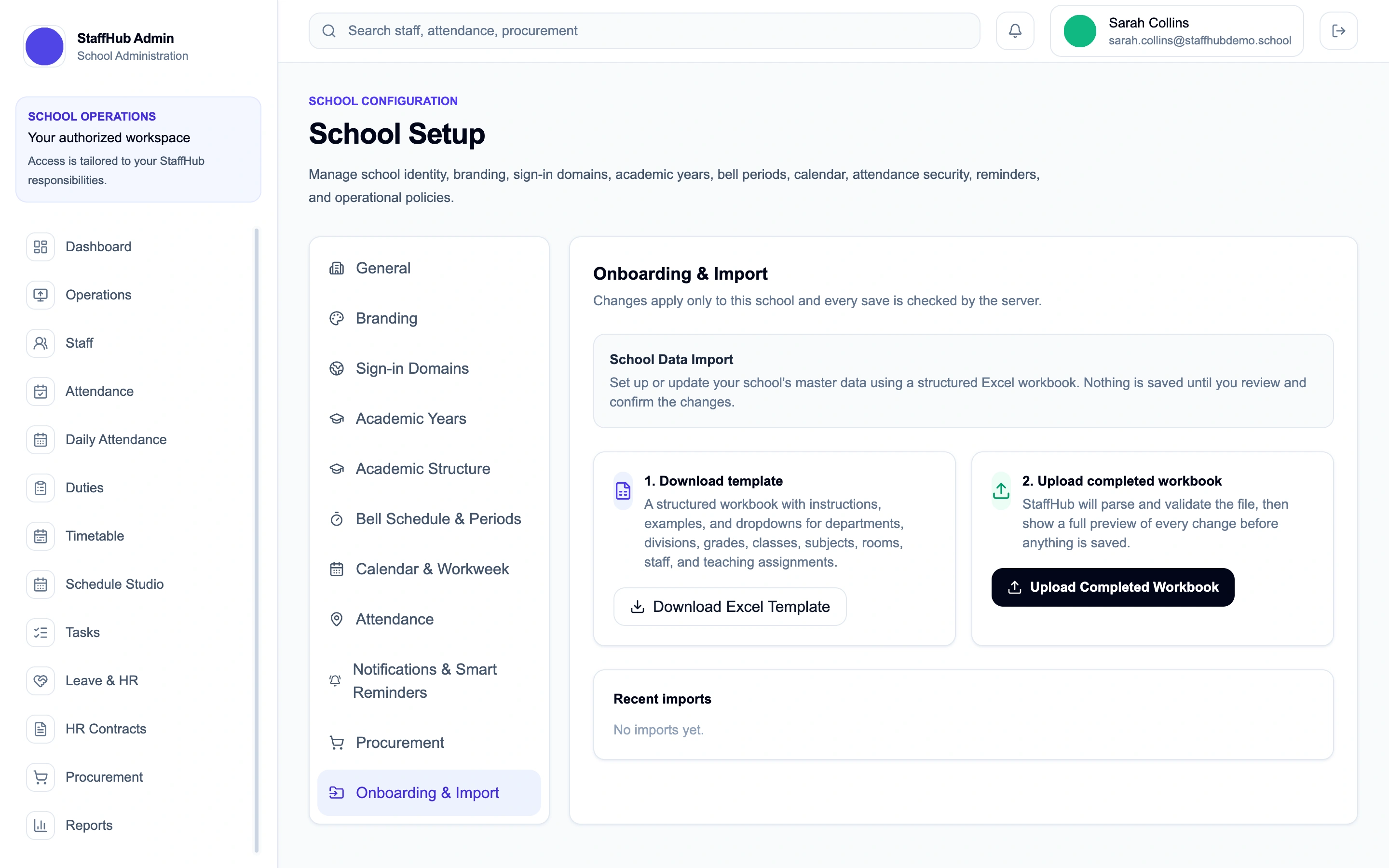 StaffHub School Setup and Import Center, with the guided Excel template download and upload workflow