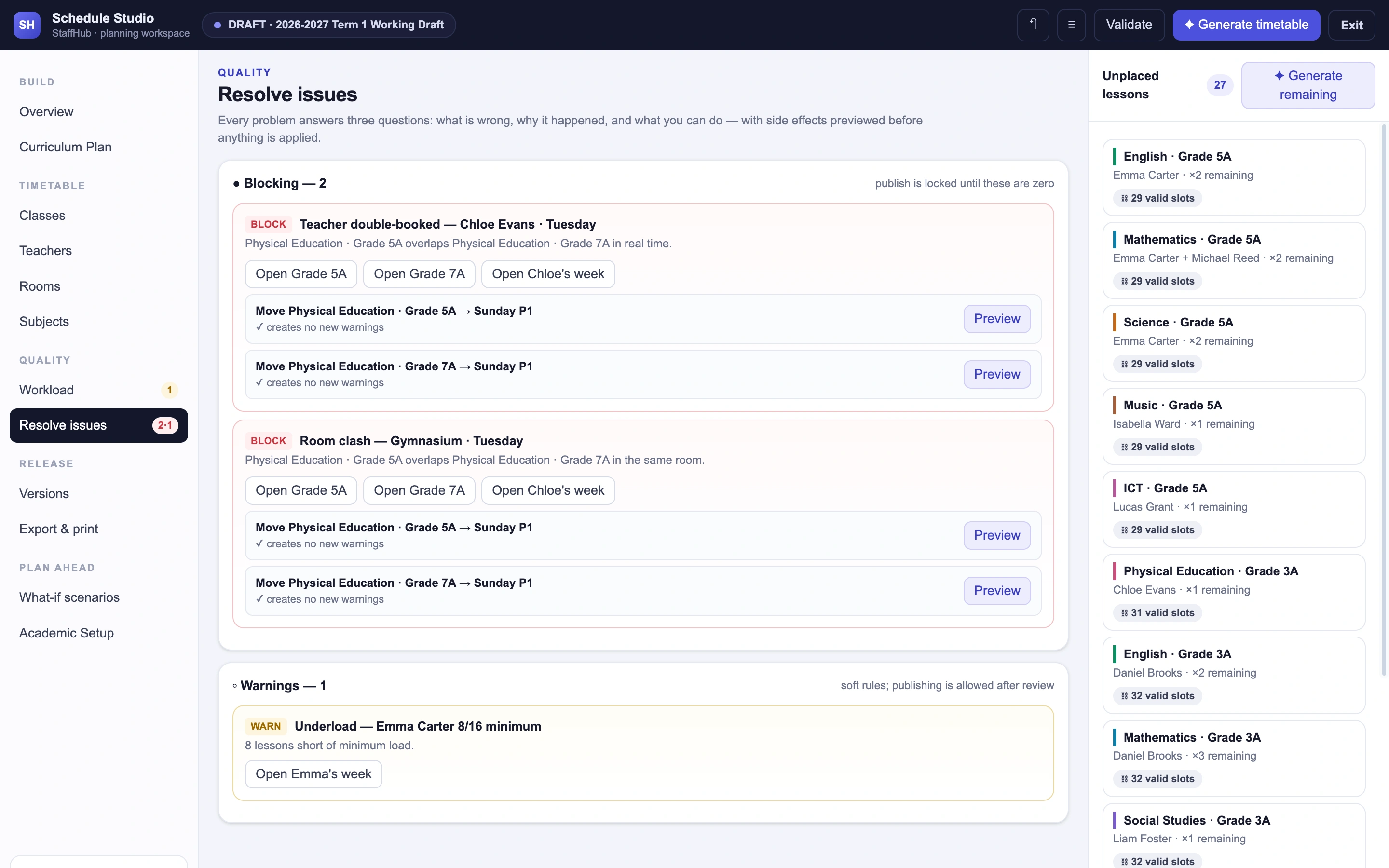 Schedule Studio Resolve Issues view showing the requirements queue, a teacher double-booking conflict, a room clash, and an underload warning